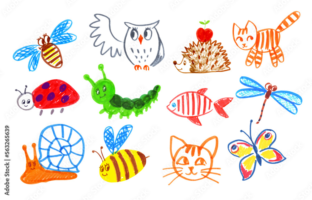 Felt pen childlike drawing illustration set of cute animals and insects characters