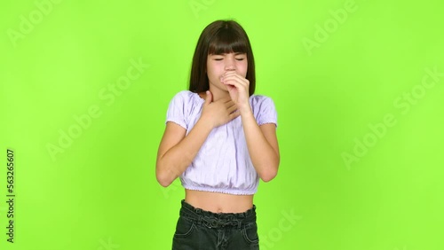 Little girl is suffering with cough and feeling bad over isolated background