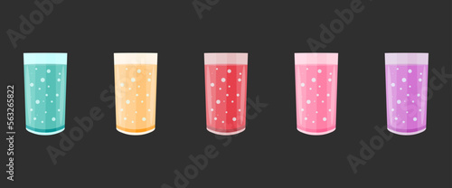 Set of glasses with sparkling water and drinks. Soda. Black background. Vector stock illustration. Food. Water. Liquid.