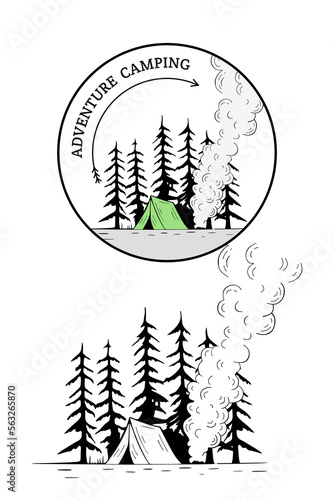 Forest camping logo emblem outdoor adventure leisure vector illustration pine tree silhouette