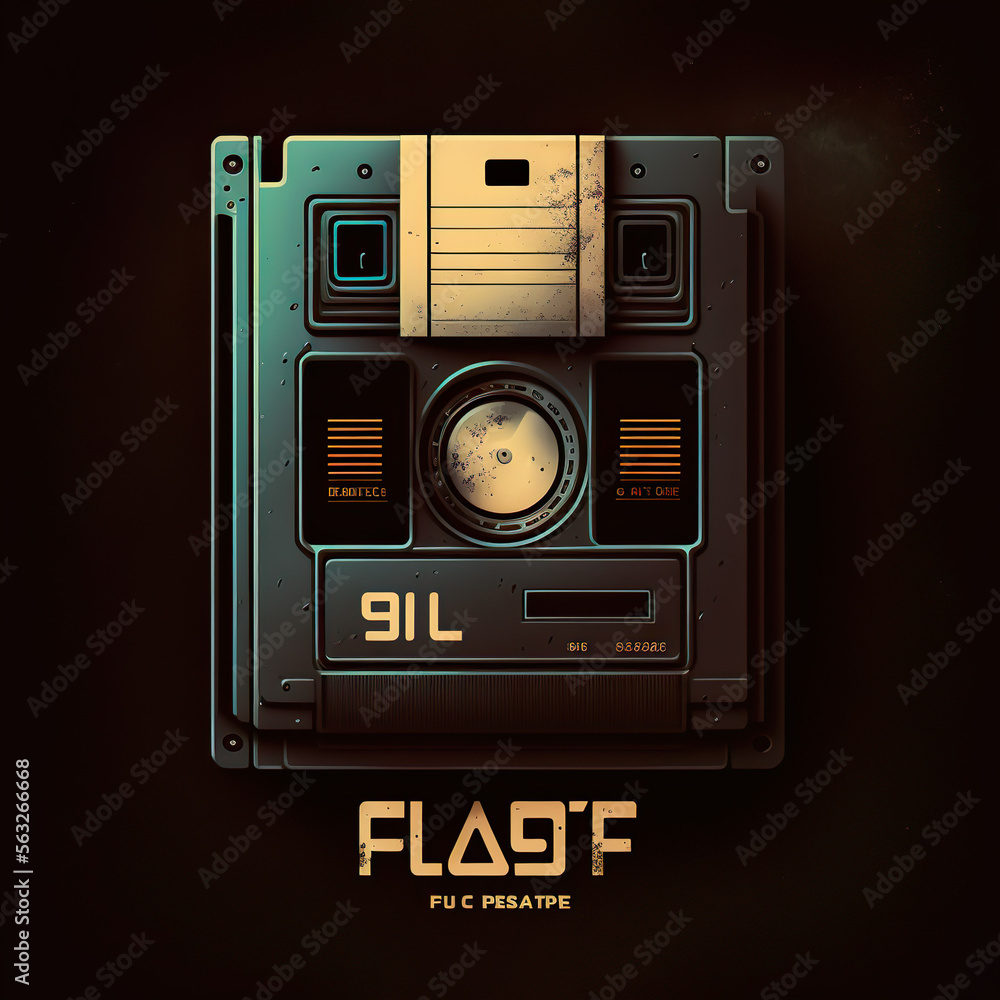 Vintage floppy disc in 80s cyberpunk synthwave style retro storage