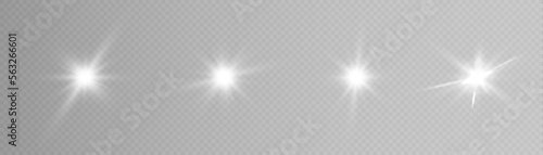 Set of light effects white glowing light isolated on transparent background. Solar flare with rays and glare. Glow effect. Starburst with shimmering sparkles.