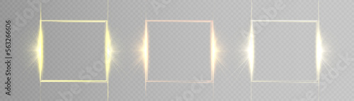 A set of neon glowing square frames with glitter effects on a transparent background. Empty glowing techno background. Vector illustration.