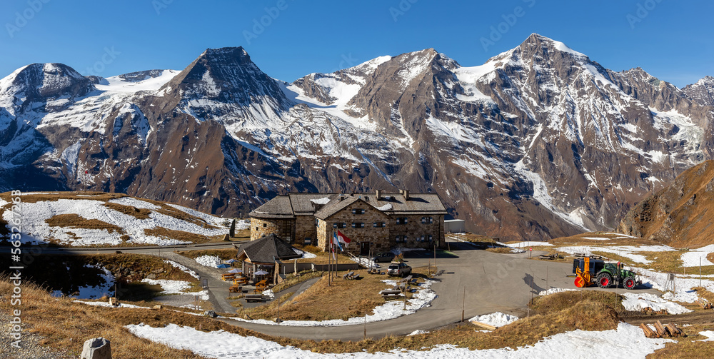 Panorama view on Mountain asphalt road serpentine. Grossglockner High Alpine Road, German. concept of an ideal resting place. Popular travel destination. High mountain pass road in Austrian Alps