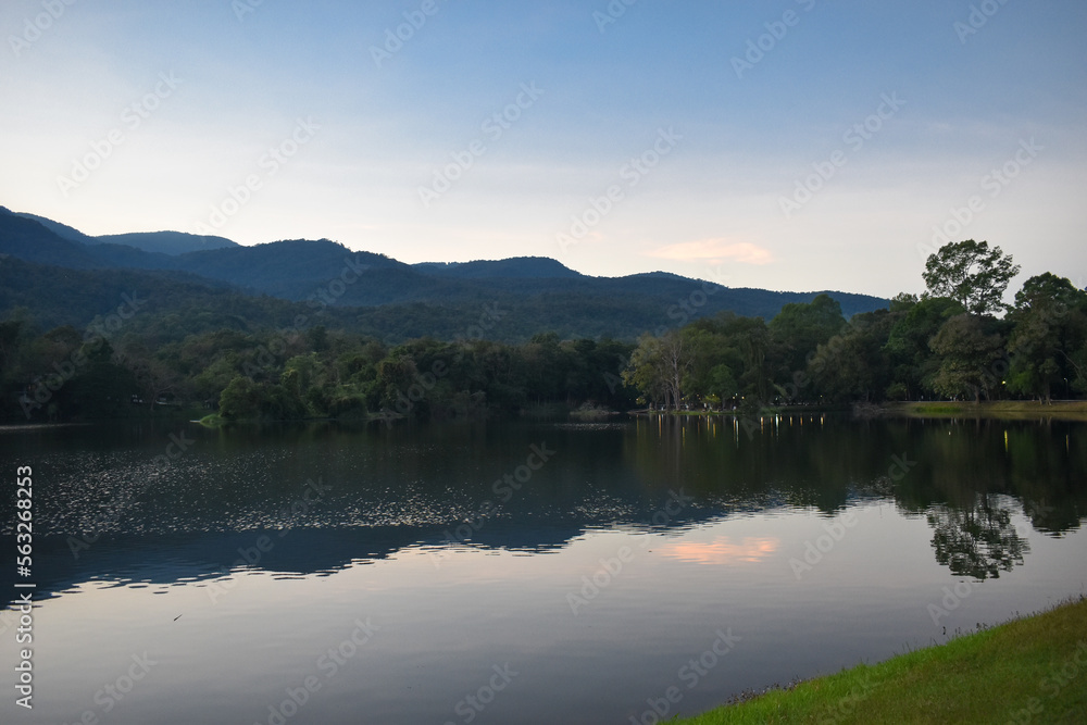 Natural landscape of water reservoir and mountain forest Natural landscape of water reservoir and mountain forest