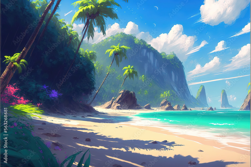 a wonderful beach scene at day with a lot of palms, anime manga style,  generative ai technology ilustración de Stock | Adobe Stock