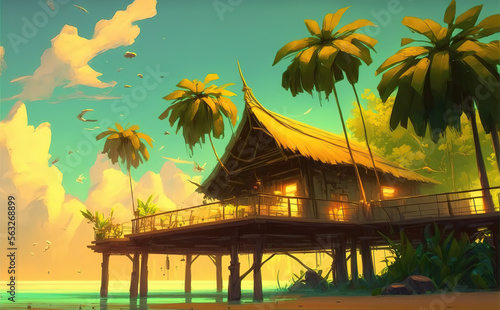 a tropical inspired house at the beach  anime illustration  generative ai technology