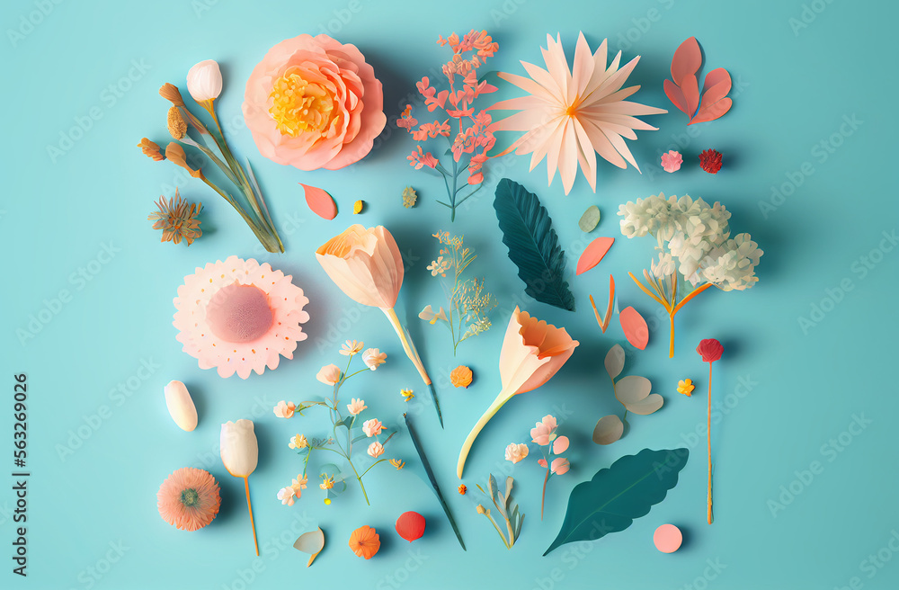 Flat lay flowers on a blue pastel background. Generative AI, Flat lay flowers on a blue pastel background. Generative AI,