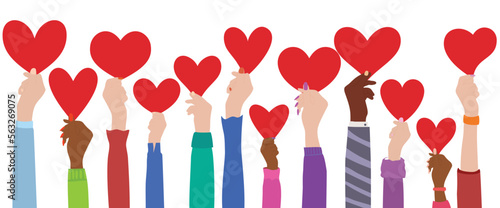 Arms raised of men and women with heart in hand. Charity donation and Multicultural and multi-ethnic community.