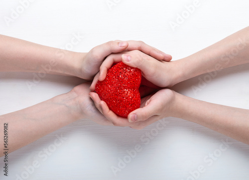Red heart in the hands of a boy and a girl, on a white background