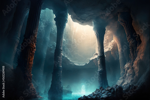 Underground crystal stalactite cavern system with lake and glowing blue lights in caves landscape