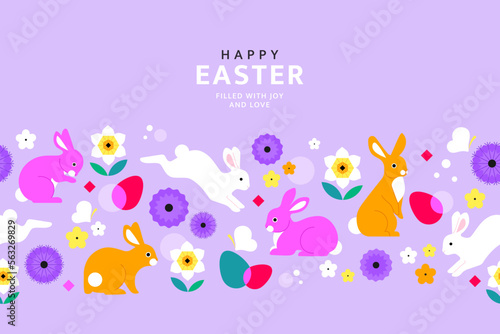 Happy Easter banner concept. Vector cartoon illustration in a trendy flat style with seamless abstract pattern with bunnies  flowers  and Easter eggs. Isolated on a light lilac background