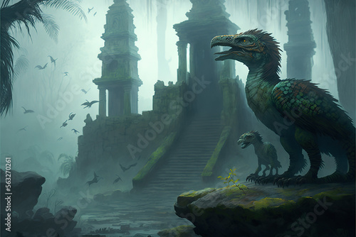 Feathered dinosaurs and raptors in front of an ancient incan stone temple illustration