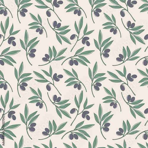 Seamless repeating pattern with olive branches, floral motif. Cute ornament with olives.Pattern for textile, wrapping paper and packaging design.
Vector