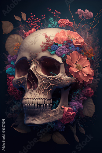 Human skull and flowers on a black background. AI 
