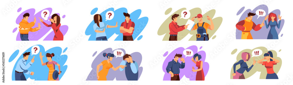 Awkward people. Woman and man disputing. Argument concept. Characters communication. Persons relationship. Conversation conflict. Furious discussions set. Vector isolated illustrations Awkward people. Woman and man disputing. Argument concept. Characters communication. Persons relationship. Conversation conflict. Furious discussions set. Vector isolated illustrations