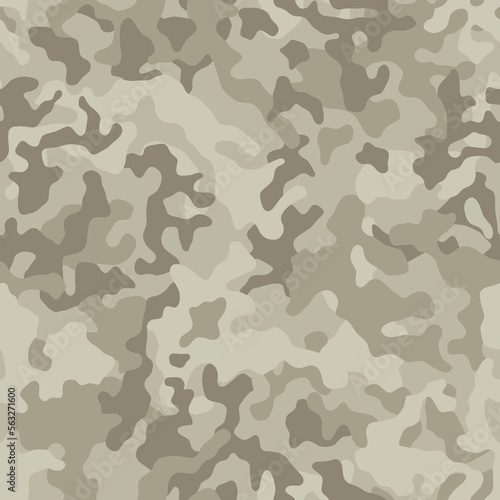 Camouflage pattern background seamless vector illustration. Classic clothing style masking camo repeat print. Beige, brown, ocher colors forest texture. 