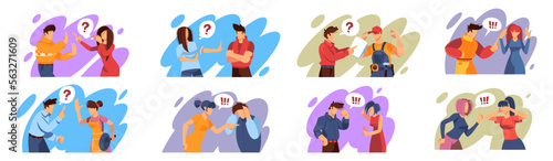 Awkward people. Woman and man disputing. Argument concept. Characters communication. Persons relationship. Conversation conflict. Furious discussions set. Vector isolated illustrations