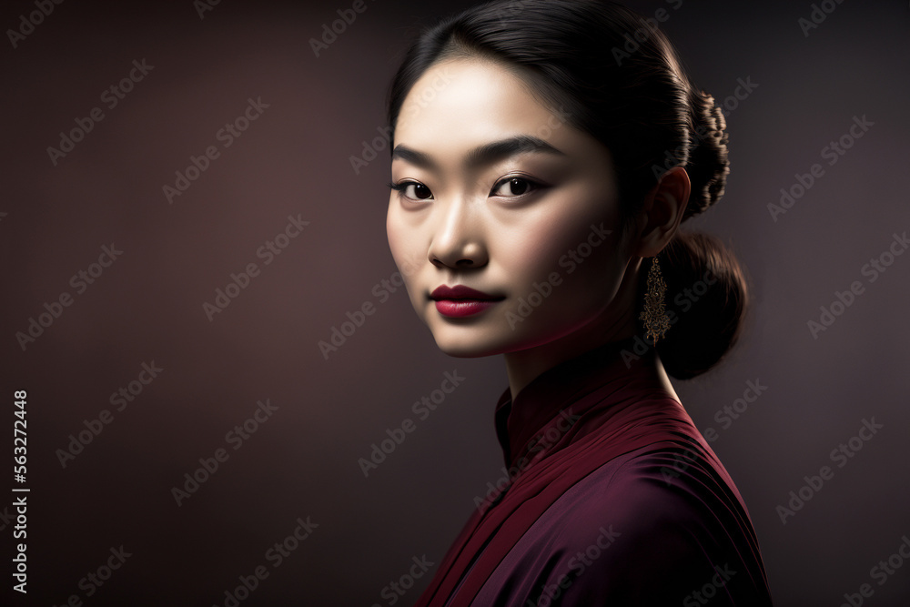 Elegant studio portrait of an asian woman in her twenties or thirties on a dark red background.