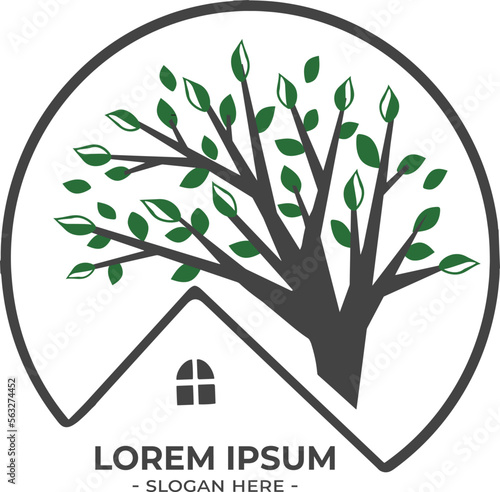 tree and house in circle logo vector