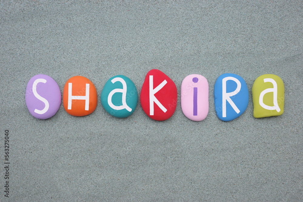 Shakira, female given name composed with multi colored stone letters