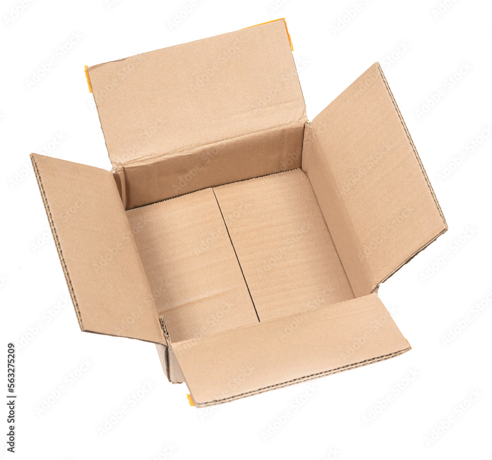 Open сardboard boxes for gifts or package isolated on white background. Corrugated cardboard paper carton cargo container close up. parcels Open сardboard boxes for gifts or package isolated on white background. Corrugated cardboard paper carton cargo container close up. parcels