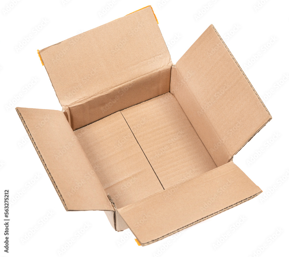 Open сardboard boxes for gifts or package isolated on white background. Corrugated cardboard paper carton cargo container close up. parcels Open сardboard boxes for gifts or package isolated on white background. Corrugated cardboard paper carton cargo container close up. parcels