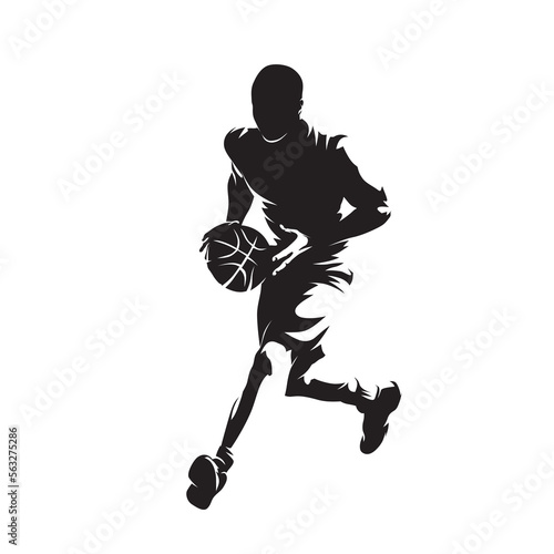 Basketball player with ball, isolated vector silhouette. Basketball logo, front view