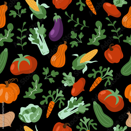 Vector vegetables seamless pattern in cartoon flat style. Collection farm locally grown product for restaurant menu, market label. Tomatoes, carrot, pepper, pumpkin, corn isolated on background