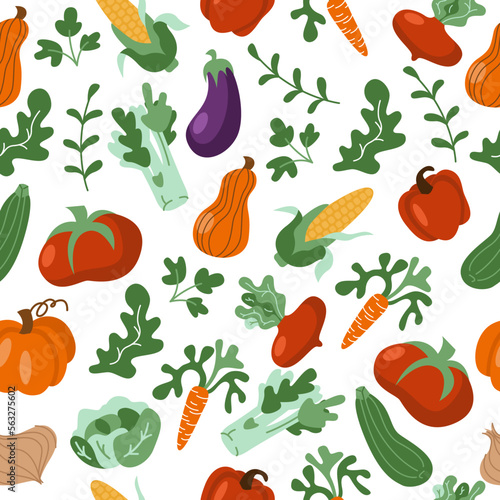 Vector vegetables seamless pattern in cartoon flat style. Collection farm locally grown product for restaurant menu, market label. Tomatoes, carrot, pepper, pumpkin, corn isolated on background