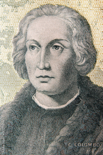 Christopher Columbus, Italian historical figure, discoverer and navigator, portrait on an Italian 5000 lire banknote, graphic engraving photo