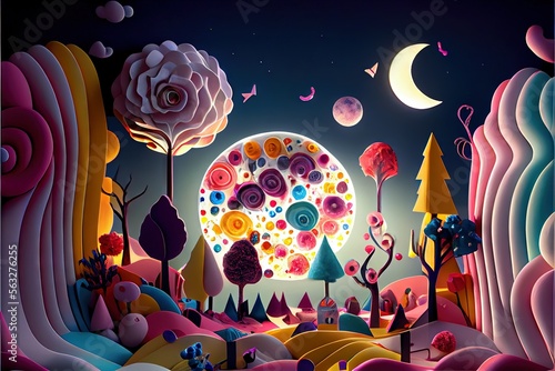 A fantastical landscape of candy inspired shapes and colorful Generative AI