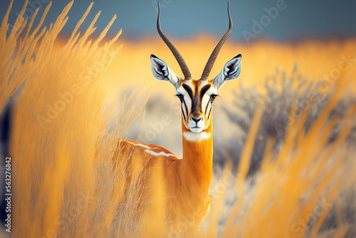 The springbok (medium-sized antelope) in tall yellow grass.  Wild african animals. Post-processed digital AI art photo