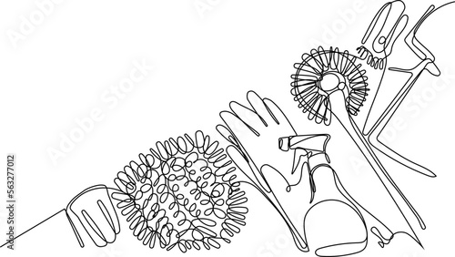 Continuous one line drawing of bottles for liquid laundry detergent, bleach, fabric softener, dishwashing liquid or another cleaning agent. Easy to place your text and brand logo. Vector illustration