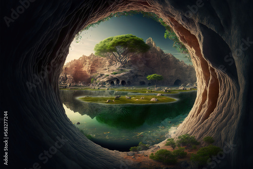 Hollow earth adventure landscape with mountains and underground valleys in ai generated image