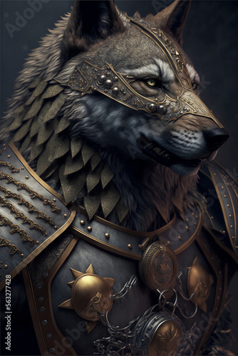 Beautiful wolf soldier with ancient armor. Generative Ai 