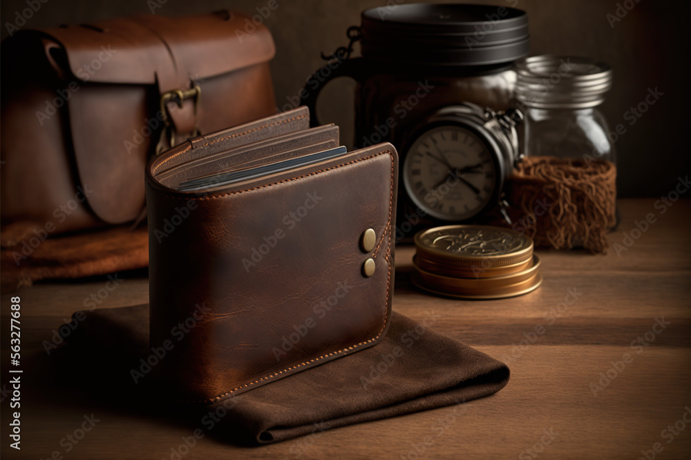 Brown Leather wallet purse on wooden table fashion mockup for business advertisement - obrazy, fototapety, plakaty 