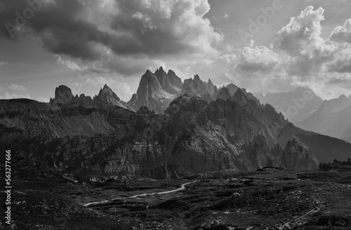 Black and white mountain landscape, Cadini di Misurina, Dolomites, Italian Alps, Italy, Europe