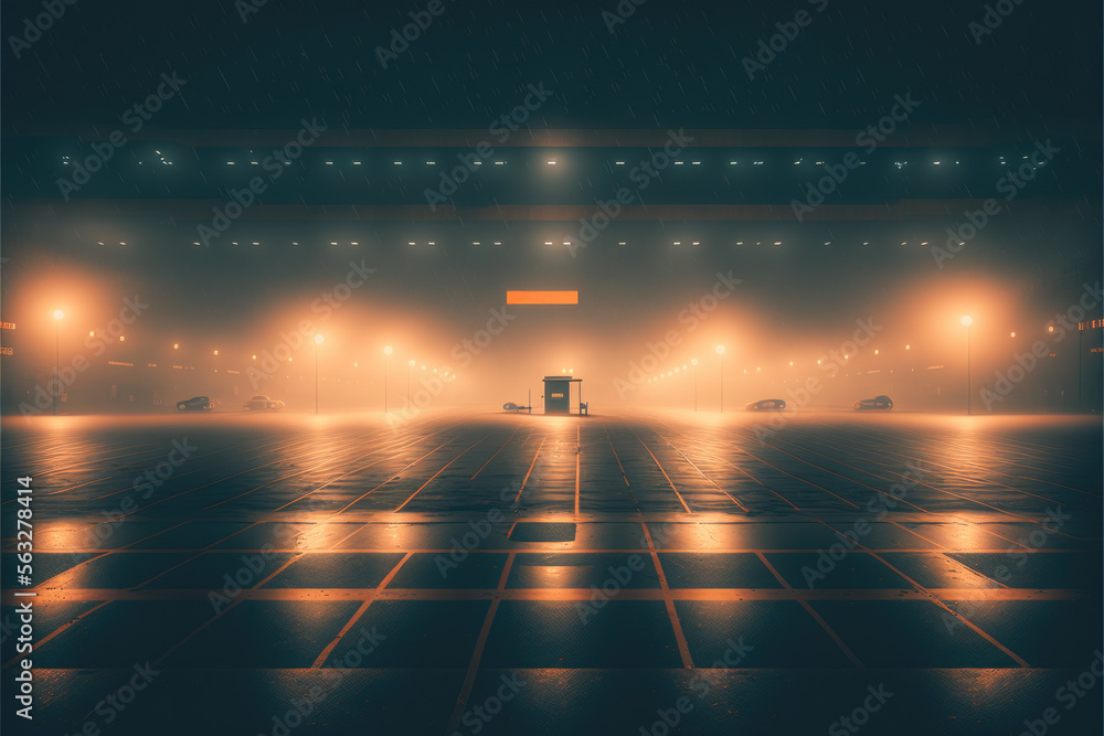 Empty parking space at night with fog - Generative AI