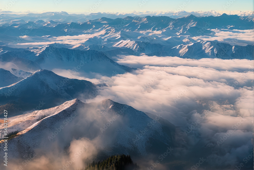 aerial landscape photo shot of a mountain from above, mist and snow - AI Generated