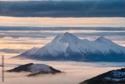 aerial landscape photo shot of a mountain from above, mist and snow - AI Generated © Fernando