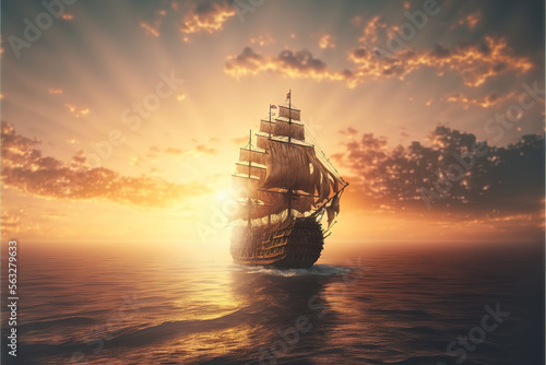 an impressive illustration of a medieval ship at sunset, generative ai technology