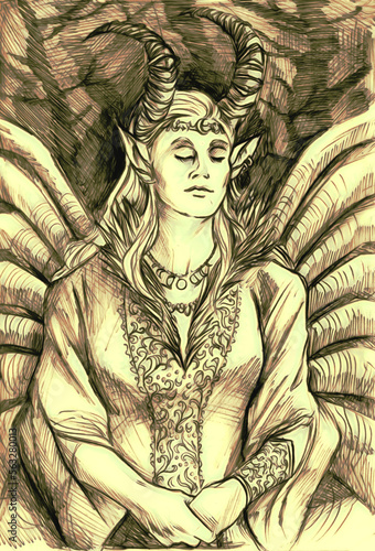 Illustration of an elegant mystic elvish woman with big horns, sitting with closed eyes