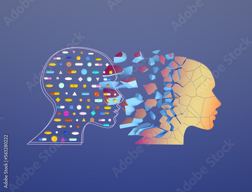 Human head with medicine, breaking habit of taking pills