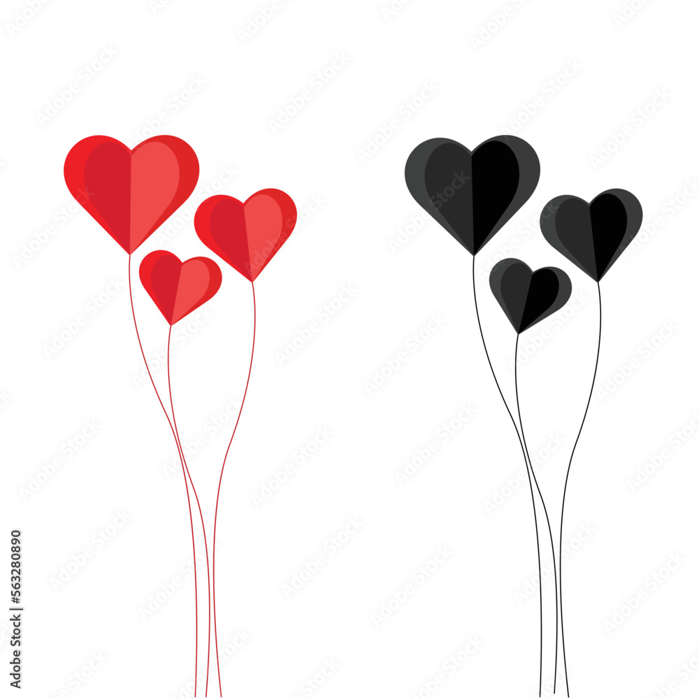 Hanging hearts bundle, red and black colours, 3d render, love ,