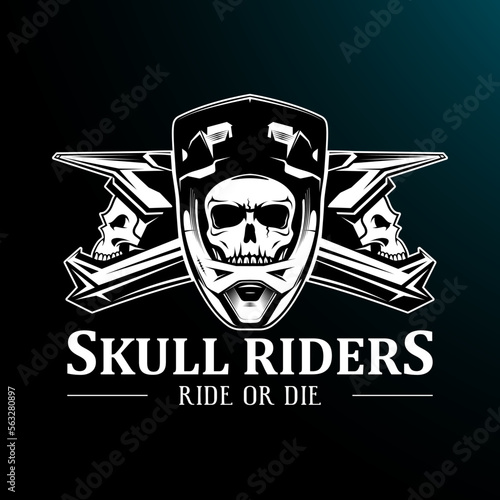 Cool black and white skulls in motocross helmets vector illustration for motorsport, mountain biking and other sports. Use for logo printing on T-shirts or social networks. groups.