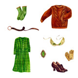 A set of vintage clothes. Dress, sweater, socks, collar, shoes, gloves.
