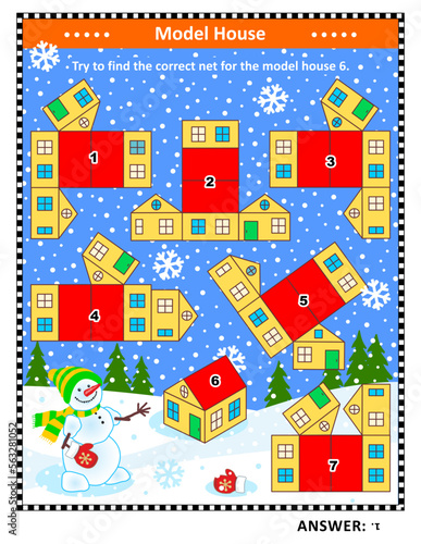Visual puzzle (suitable both for kids and adults): Find correct net for model house 6. Answer included.
