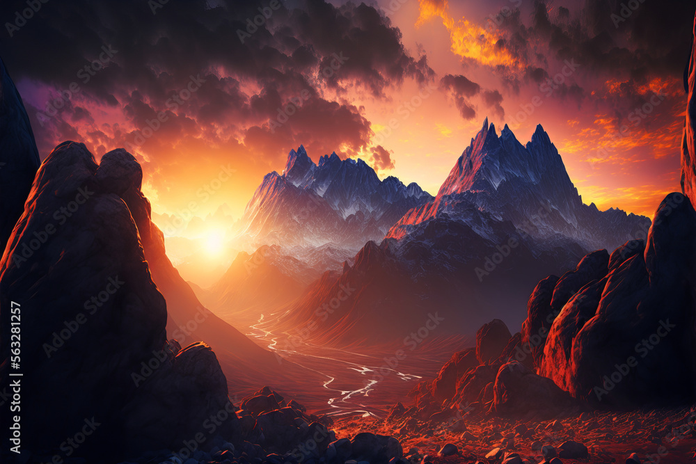 Fototapeta premium Amazing sunset light over mountains and rocks, ai generative illustration.