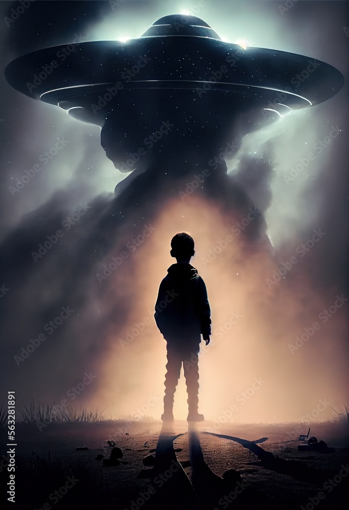 a little boy silhouetted by a giant ufo misty Generative AI